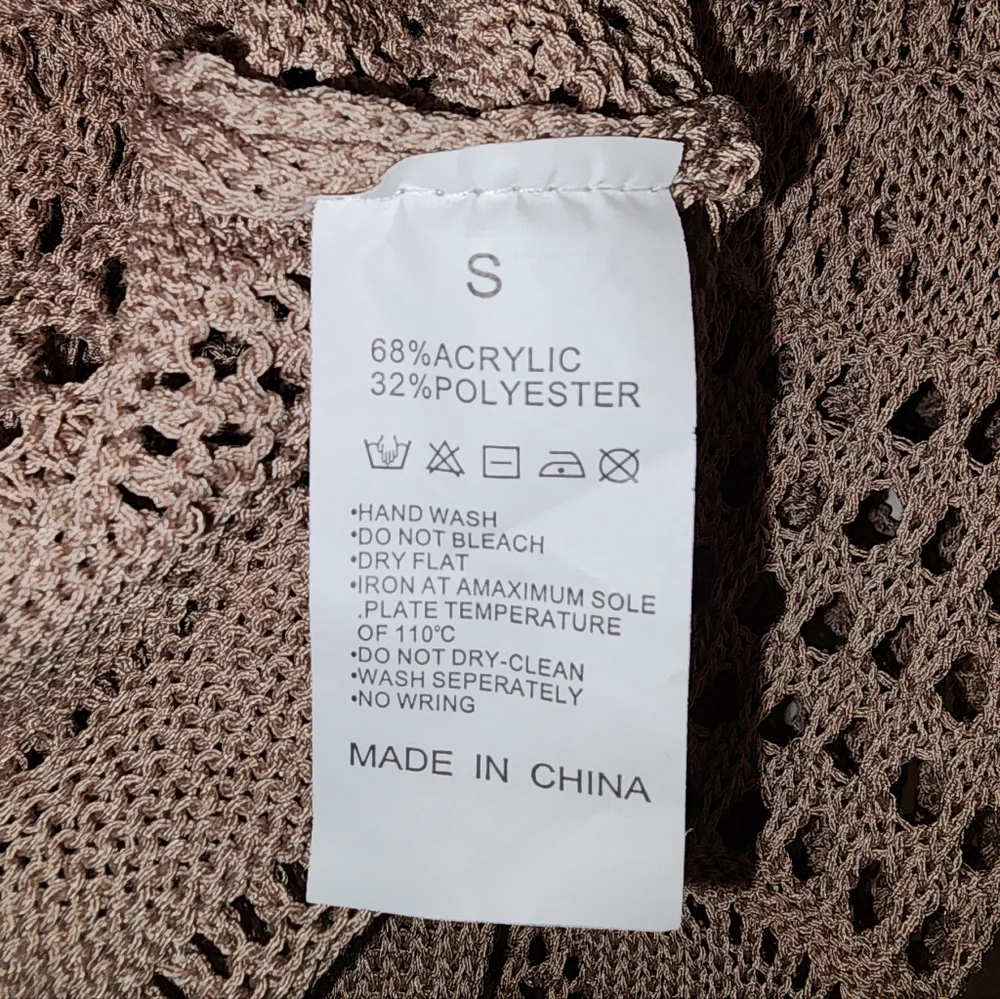 ​Boho Crochet Open Knit Cardigan with Pearl Buttons – Taupe Tan – Size S - Picture 4 of 4